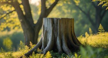 Sunlit tree stump in serene park setting with lush greenery photo