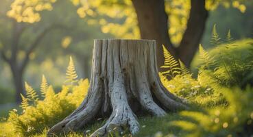 Sunlit tree stump in serene park setting with lush greenerySunlit tree stump in serene park setting with lush greenery. photo