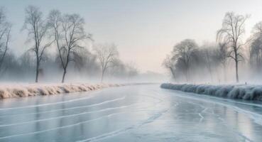 tranquilo invierno paisaje con congelado río y desnudo arboles en suave pastel colores foto