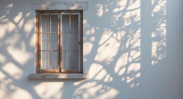 Rustic Window and Tree Shadows on a White Wall photo