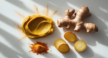 Fresh turmeric paste arranged beautifully with ginger and turmeric powder on a bright background photo