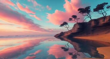 Clifftop trees reflecting in a tranquil water pool on a sandy beach at dusk under a dramatic sky photo