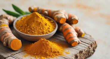 Turmeric powder and fresh turmeric roots on rustic wooden surface highlighting culinary and medicinal uses with empty space for text photo