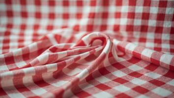 Red and white checkered tablecloth fabric texture background for dining or picnic settings in food and beverage themes photo