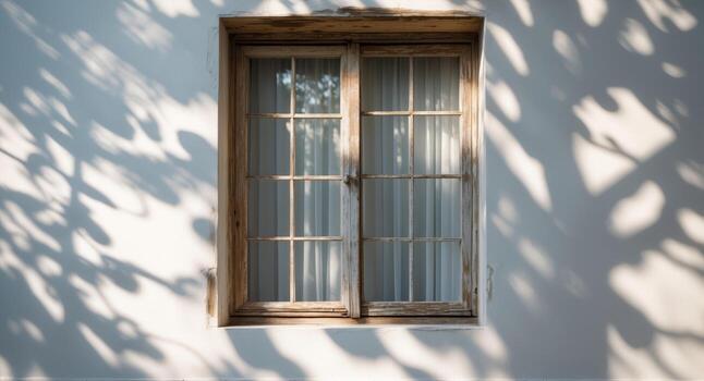 Rustic Window and Tree Shadows on a White WallRustic Window and Tree Shadows on a White Wall. photo