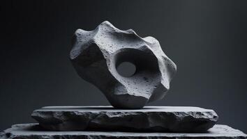 Textured Stone Sculpture on Rough Platform Dark BackgroundTextured Stone Sculpture on Rough Platform Dark Background. photo