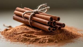 Cinnamon sticks tied with twine resting on a bed of cinnamon powderCinnamon sticks tied with twine resting on a bed of cinnamon powder. photo