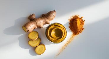 Fresh turmeric paste arranged beautifully with ginger and turmeric powder on a bright backgroundFresh turmeric paste arranged beautifully with ginger and turmeric powder on a bright background. photo