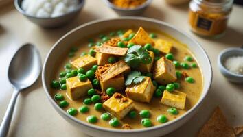 Savoring delicious tofu curry kitchen recipe guide cozy home overhead view culinary delight photo