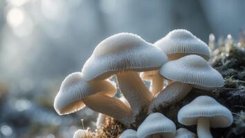 A Delicate Cluster of Fungal Structures Exhibiting a Frosty Texture Under Soft Light photo