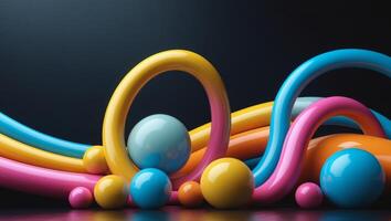 Abstract composition of colorful tubes and spheres on black photo
