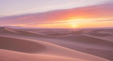 Tranquil Desert Sunset with Vibrant Sky and Expansive Sand Dunes Underneath a Colorful Horizon and Gentle Clouds Enhancing the Serene Landscape Scene photo