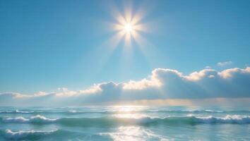 Serene ocean landscape with a brilliant sun shining over gently rippling waves and a vibrant blue sky adorned with fluffy clouds photo