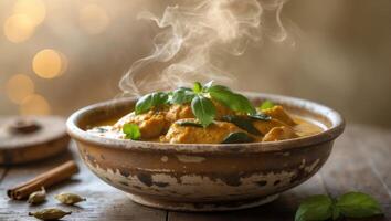 Aromatic Chicken Curry Dish Served in Rustic Bowl with Fragrant Herbs and Spices photo