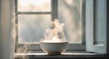 Steaming bowl on windowsill brings warmth and tranquility in cozy serene setting photo