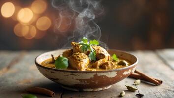 Aromatic Chicken Curry Dish Served in Rustic Bowl with Fragrant Herbs and SpicesAromatic Chicken Curry Dish Served in Rustic Bowl with Fragrant Herbs and Spices. photo