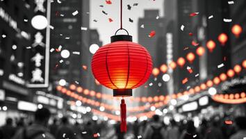 Red lantern glowing softly during a festive celebration in an illuminated urban setting photo