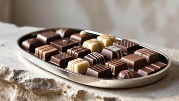 Assorted gourmet chocolate in elegant tray on textured surface.Assorted gourmet chocolate in elegant tray on textured surface. photo