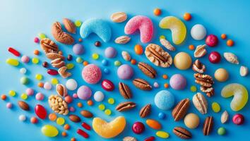 Assorted colorful candies and nuts on blue background. photo