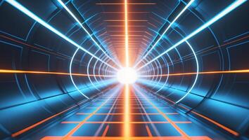 Bright glowing light in a futuristic digital tunnel with blue and orange grid lines.Bright glowing light in a futuristic digital tunnel with blue and orange grid lines. photo