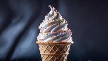 Colorful ice cream cone topped with sprinkles on a dark backgroundColorful ice cream cone topped with sprinkles on a dark background. photo