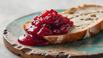 Cranberry sauce spooned onto a slice of crusty bread as part of a holiday appetizer. photo