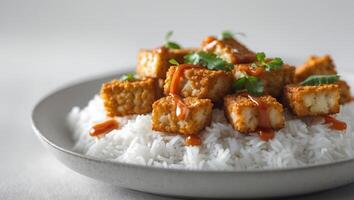 Crispy Tempeh Cubes Served Over Rice With SauceCrispy Tempeh Cubes Served Over Rice With Sauce. photo