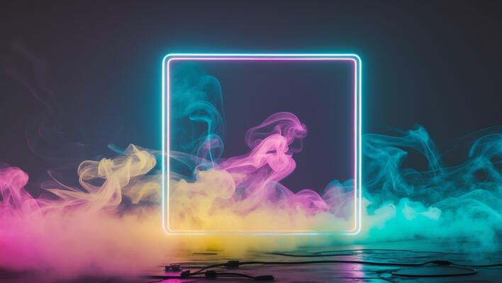 Cyberpunk neon frame illuminated smoke dynamic vibrant abstract design.