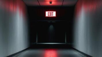 Dark hallway with illuminated exit sign casting red glow photo