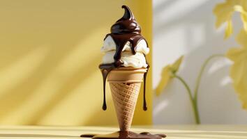 Delicious Vanilla Ice Cream Cone Dripping with Chocolate Sauce on Yellow Background. photo