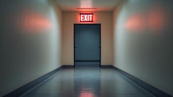 Dimly lit hallway with neon red exit sign over open doorway. photo