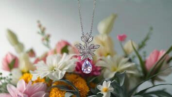 Elegant gemstone necklace adorned with floral motifs displayed amidst a bouquet of vibrant flowers photo