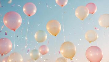 Floating balloons in a pastel sky with confetti photo