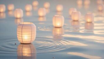 Floating Lanterns Illuminating Calm Water Surface.Floating Lanterns Illuminating Calm Water Surface. photo