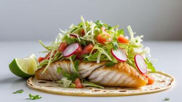 Fish Tacos with Fresh Vegetables and Lime Wedges.Fish Tacos with Fresh Vegetables and Lime Wedges. photo