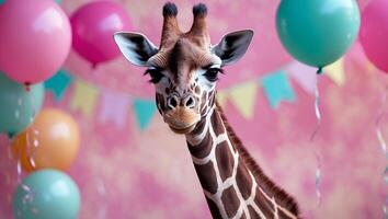 Giraffe is standing in front of a pink background with balloons and banners.Giraffe is standing in front of a pink background with balloons and banners. photo