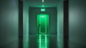 Green illuminated exit door in a narrow hallway with reflective floor photo