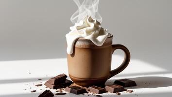 Hot chocolate with whipped cream in a brown mug surrounded by chocolate chunksHot chocolate with whipped cream in a brown mug surrounded by chocolate chunks. photo