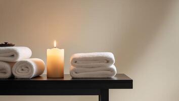 Relaxing spa experience with candle and towels tranquil setting lifestyle relaxation peaceful ambiance photo