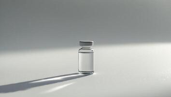 Single Medicine Vial on a White Surface in Bright LightSingle Medicine Vial on a White Surface in Bright Light. photo