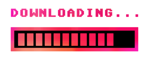 8-bit retro style isolated text, downloading, with a graded color shift progress bar. png