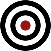 Isolated simplet bullseye target symbol featuring concentric circles in black and white with a bold red center. Aiming, precision, goal-setting. png