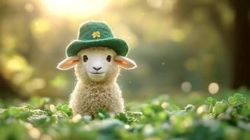 Cute white sheep in a leprechaun hat standing in a field with clover in the rays of the sun photo
