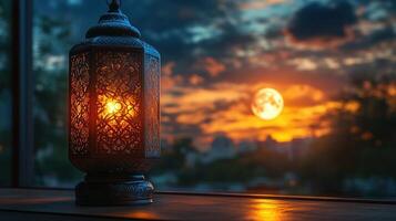 on a wooden windowsill traditional Ramadan lantern near an open window on the background of the moon photo