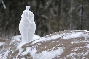 the figure of a plump woman made of plaster stands on a snow-dusted rock in a serene winter forest. The minimalist composition and soft natural light create a tranquil and contemplative atmosphere photo