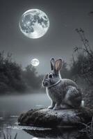 A rabbit is sitting on a rock near a pond with a full moon in the backgroundA rabbit is sitting on a rock near a pond with a full moon in the background. photo