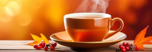 Steaming cup of hot beverage sits on a wooden surface with autumn leaves. wide web banner background with free place for text photo