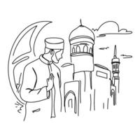 Line art illustration of a Muslim man praying in front of a mosque, symbolizing Ramadan and Islamic faith. Perfect for greeting cards, social media posts, and designs related to Eid al Fitr and Islami vector