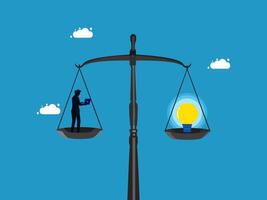 a man sitting on a balance scale with a light bulb and an idea bulb vector