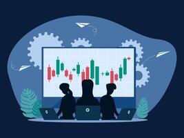people working on a computer screen with a stock chart vector